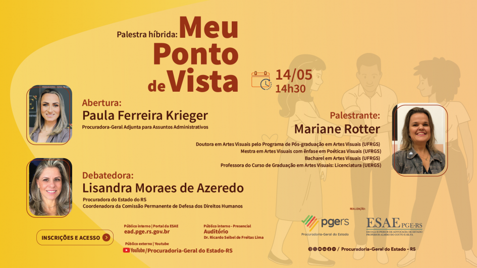 arte com o fundo amarelo, com três imagens em formato 3x4 dos rostos das participantes do evento. Em texto, as informações da palestra e das participantes.