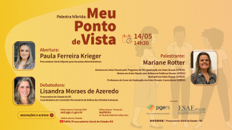 arte com o fundo amarelo, com três imagens em formato 3x4 dos rostos das participantes do evento. Em texto, as informações da palestra e das participantes.